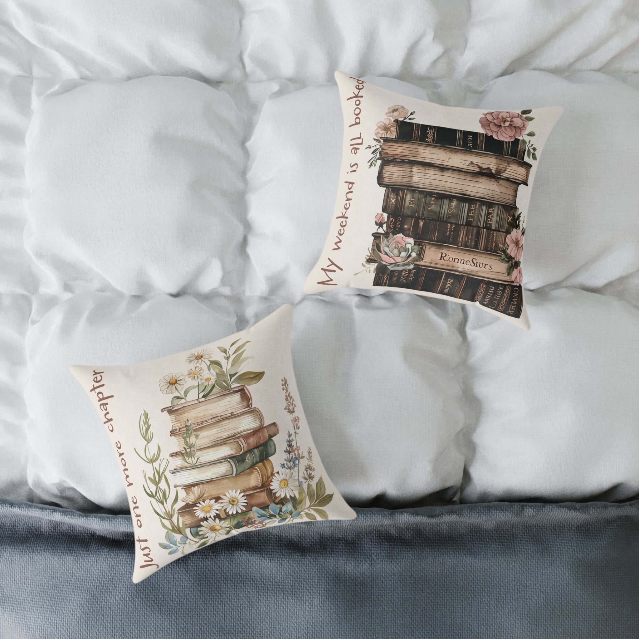 Stacked Vintage Books Pillow — "Just One More Chapter" Decorative Throw Pillow for Book Lovers