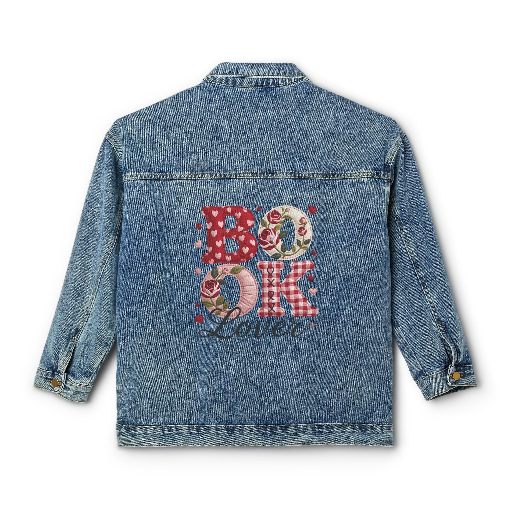 Denim Jacket — 'Book Lover' Floral Patch Back Graphic, Women's Casual Reading Jacket